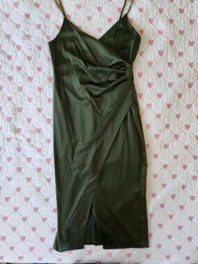 Donna Morgan Satin A-Line Midi Slip Wrap Dress Olive Green Rhinestone Size 10